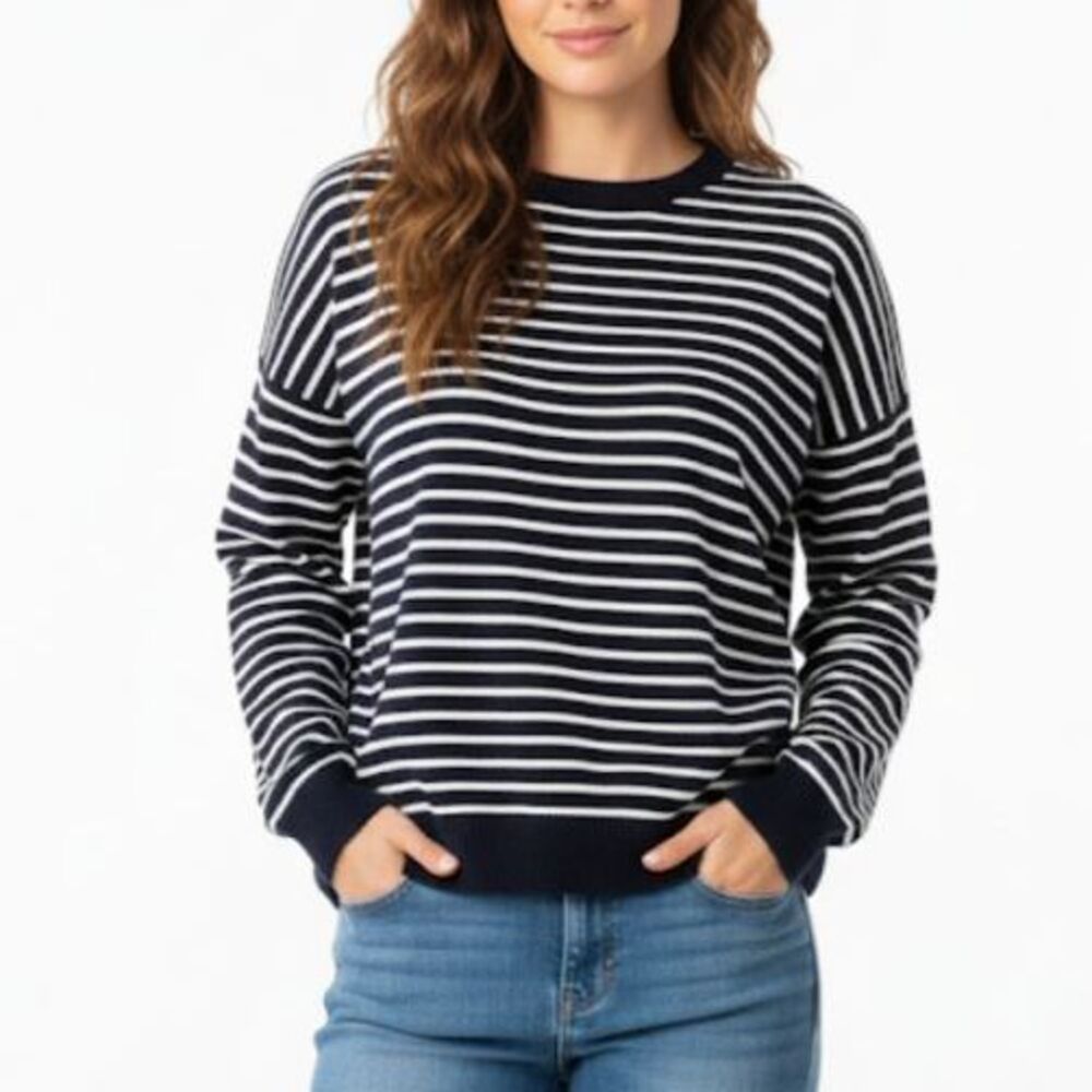 Brandy Melville Navy Blue White Striped Cotton Crewneck LS Pullover Sweater O/S